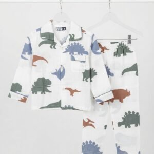 White Brown Dino Cotton Full Sleeves Nightsuit
